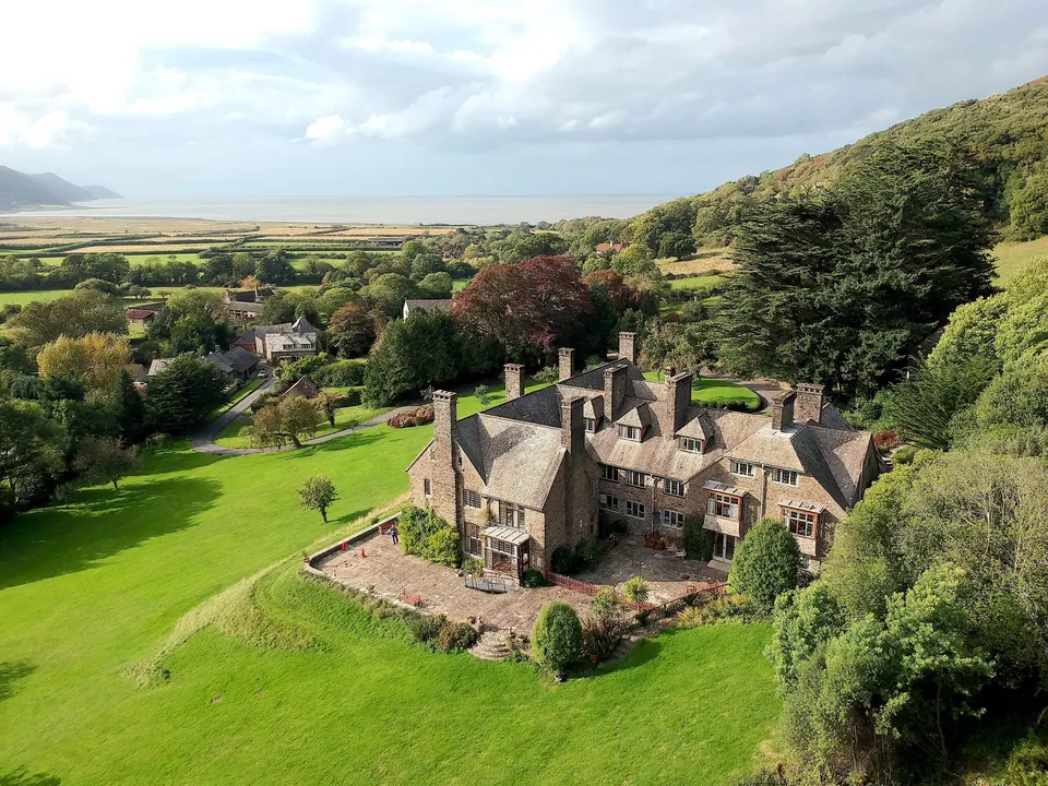 Aerial view of Bossington Hall and its grounds