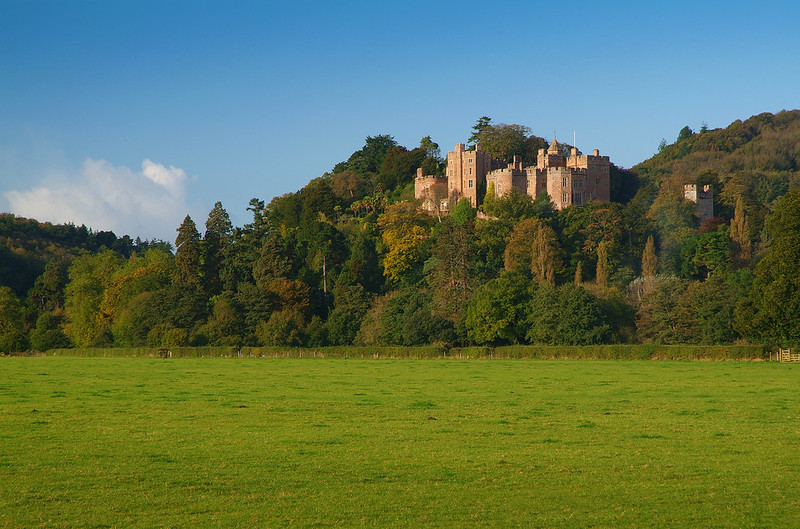 Dunster Castle on its wooded hill, seen across a green meadow