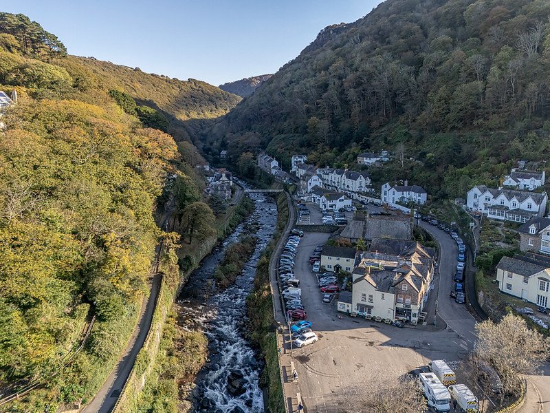 The steep wooded valley and village at Lynmouth on the Exmoor coast